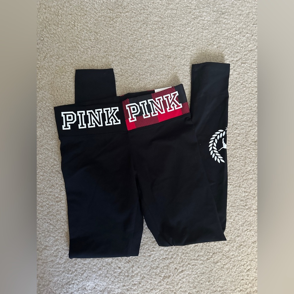 PINK Victoria's Secret Black and Red Plaid Logo Leggings SMALL